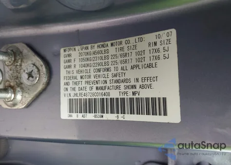 2008 Honda Cr-V Ex-L z USA, uszkodzony, nr VIN JHLRE48728C016408